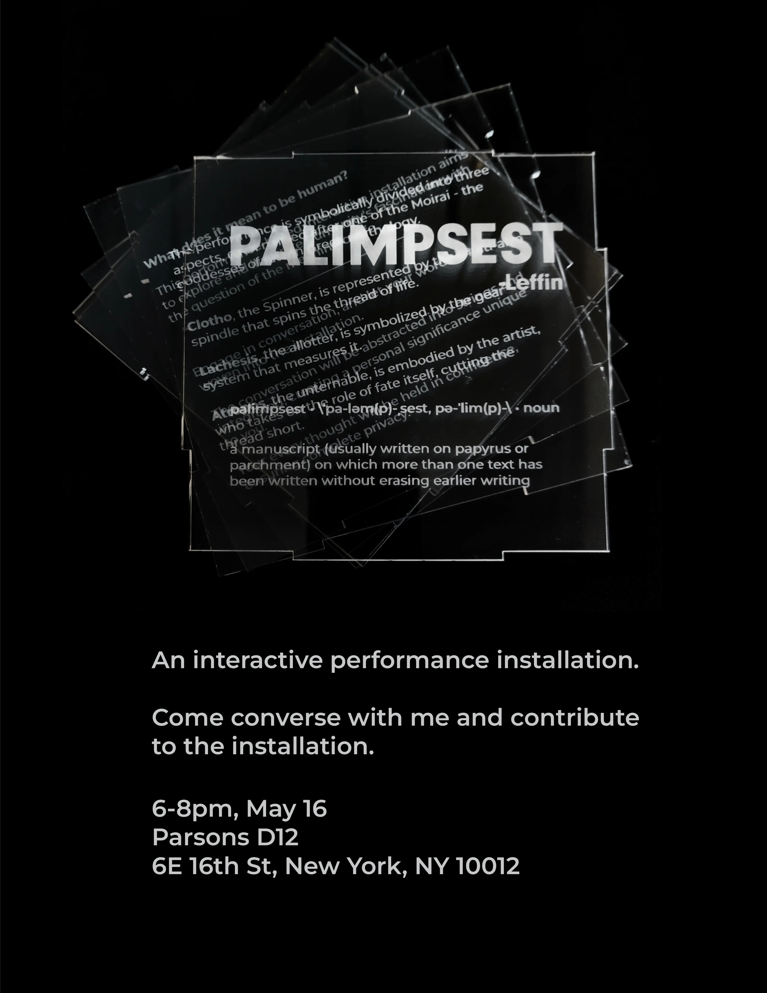 Event poster with the dictionary definition of palimpsest overlaid on scattered pages